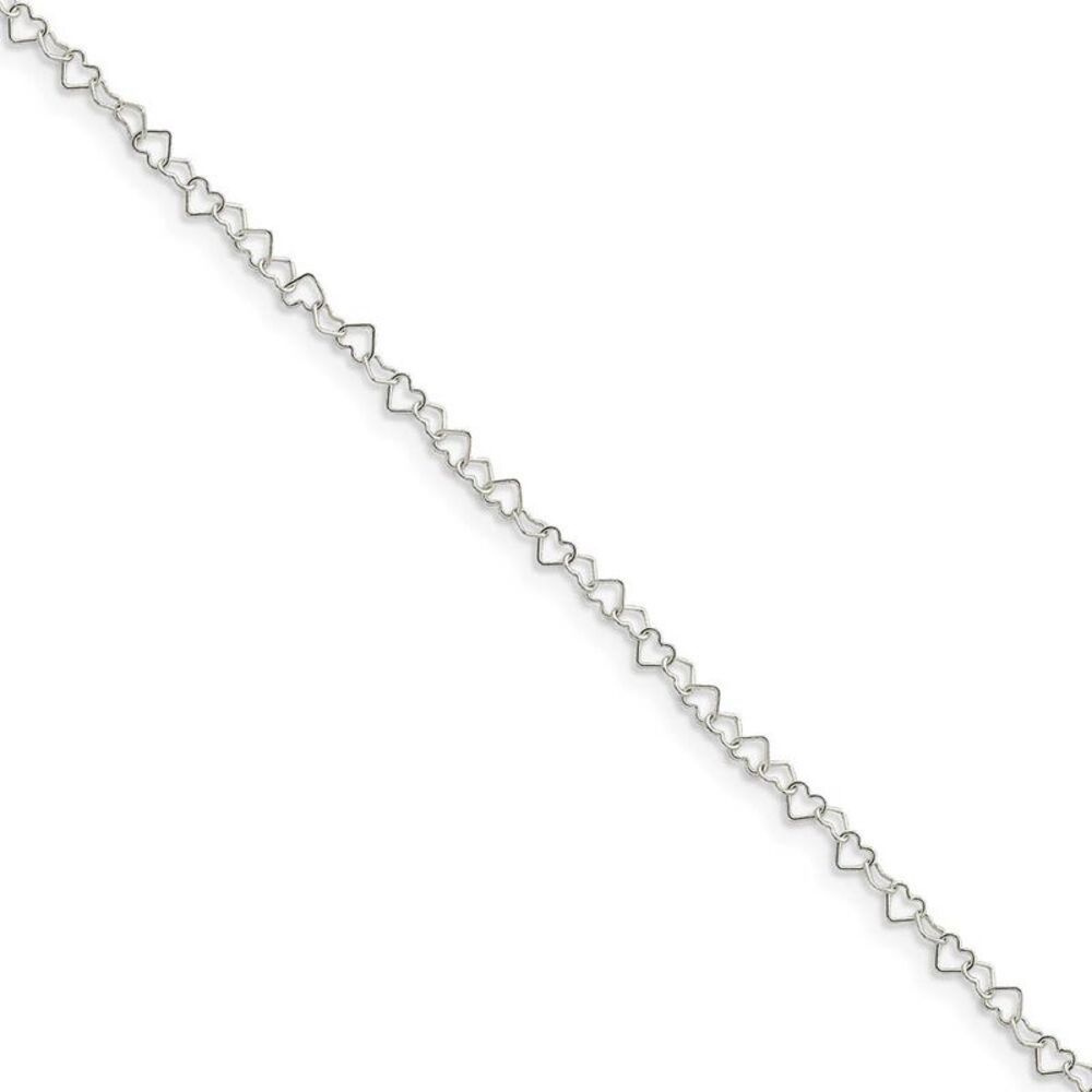 Chain Of Hearts 2mm Anklet in Sterling Silver, 10 Inch